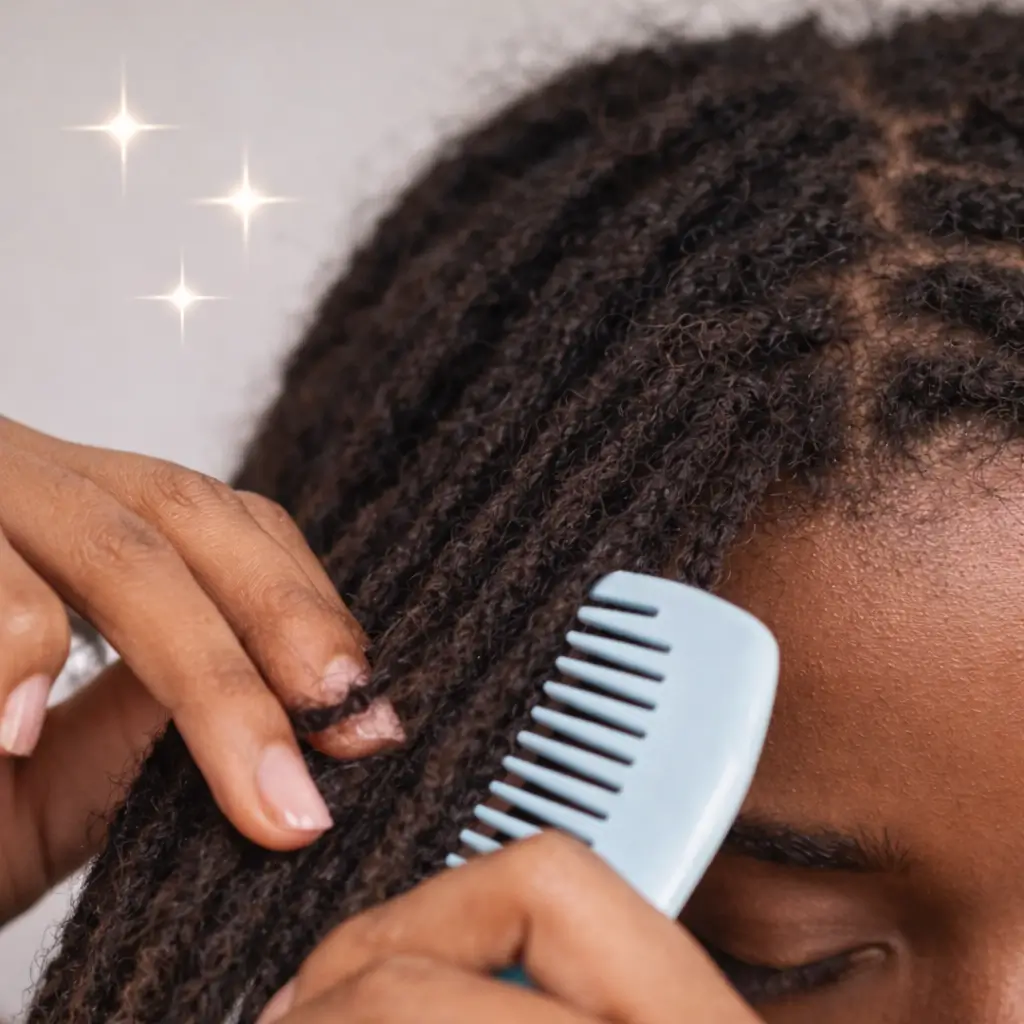 alt="Démêlage sans casse des locks avec peigne large – coiffure afro naturelle en Guadeloupe"